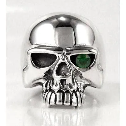 Sterling Silver Emerald Green Eye Skull Mens Ring