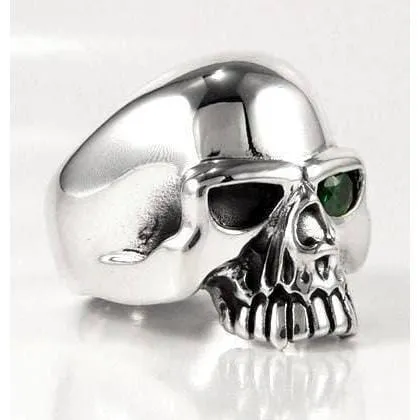 Sterling Silver Emerald Green Eye Skull Mens Ring