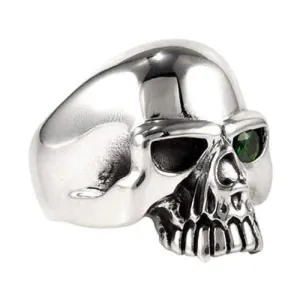 Sterling Silver Emerald Green Eye Skull Mens Ring