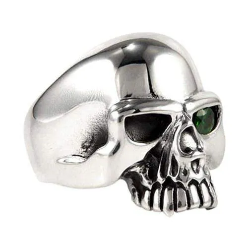 Sterling Silver Emerald Green Eye Skull Mens Ring
