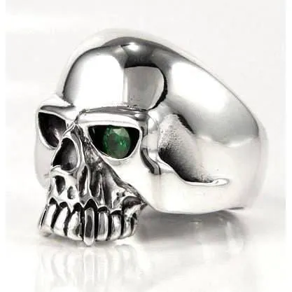 Sterling Silver Emerald Green Eye Skull Mens Ring