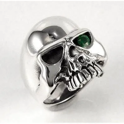 Sterling Silver Emerald Green Eye Skull Mens Ring