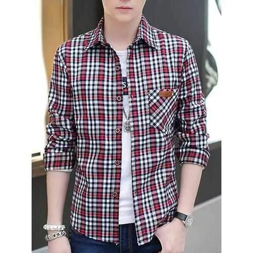 Stylish Shirt Collar Retro Plaid Pocket Labeling Slimming Long Sleeve Thicken Cotton Blend Casual Shirt For Men - Red M