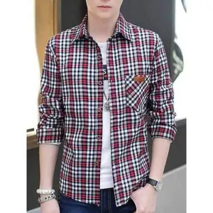 Stylish Shirt Collar Retro Plaid Pocket Labeling Slimming Long Sleeve Thicken Cotton Blend Casual Shirt For Men - Red M