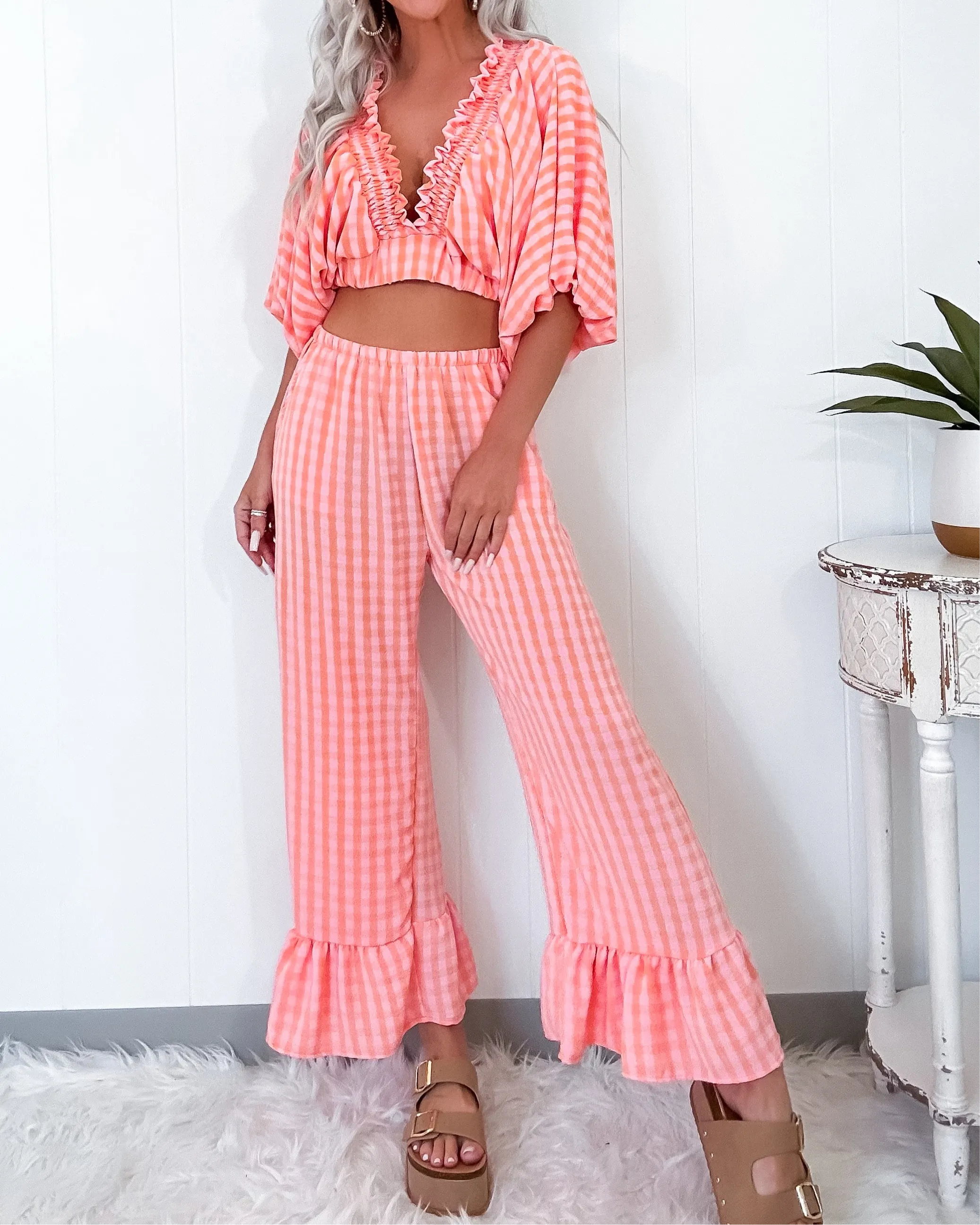 Summertime Checkered Ruffle Pant Set - Pink/Orange