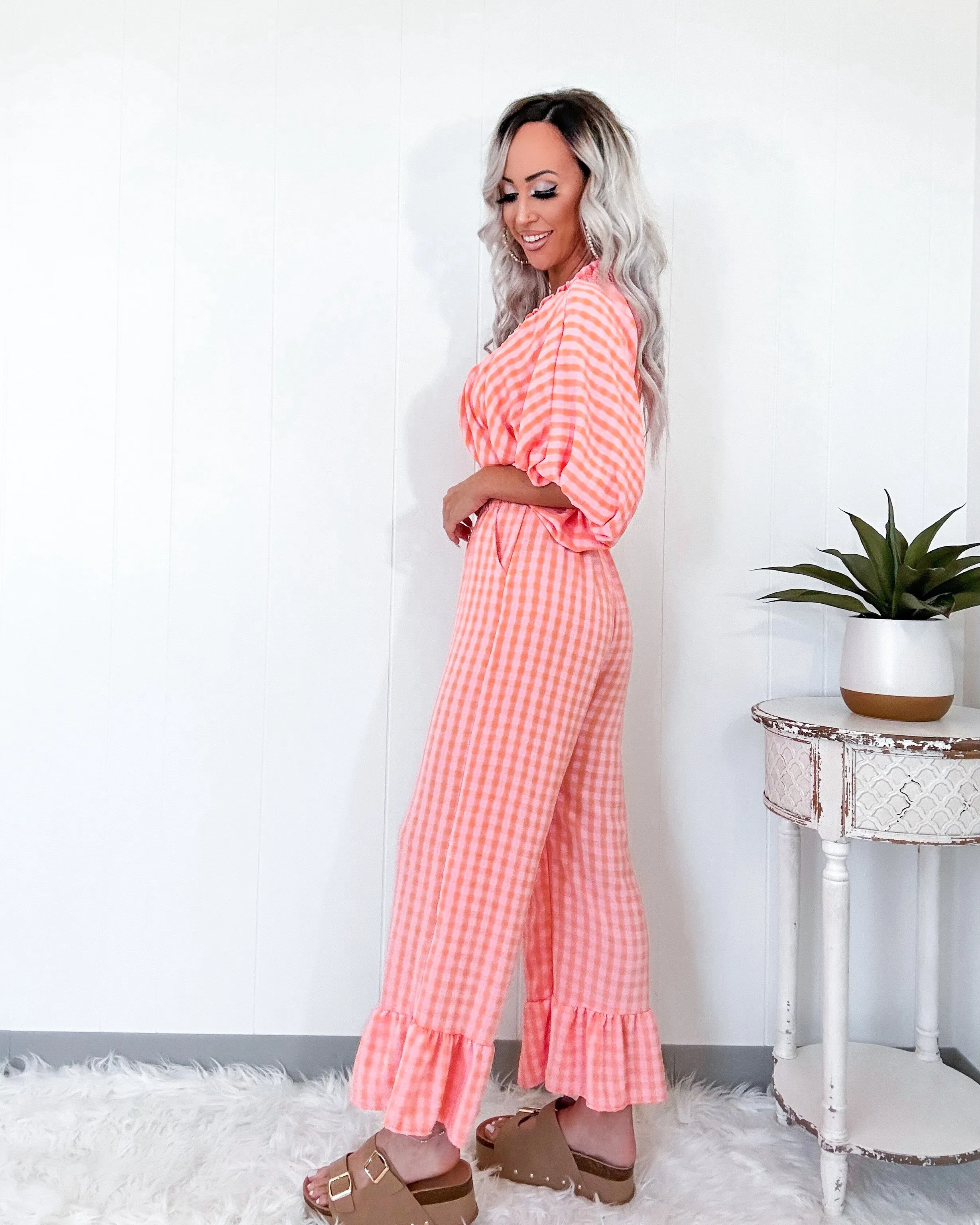 Summertime Checkered Ruffle Pant Set - Pink/Orange