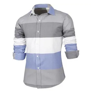 Trendy Distinct Color Block Stripes Print Turn-down Collar Slimming Long Sleeves Men's Shirt - L