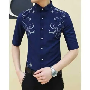 Trendy Shirt Collar Flowers and Plants Pattern Slimming 1/2 Sleeve Polyester Shirt For Men - Blue L