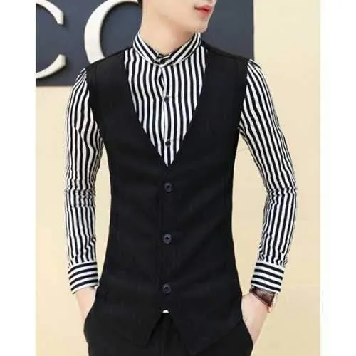 Trendy Slimming Shirt Collar Vertical Stripe Splicing Faux Twinset Long Sleeve Cotton Blend Shirt For Men - Black M