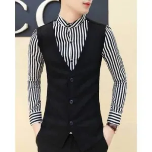 Trendy Slimming Shirt Collar Vertical Stripe Splicing Faux Twinset Long Sleeve Cotton Blend Shirt For Men - Black M