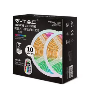 V-TAC LED Strip Lights 10 Metres RGB Colour Changing Lighting Strip with BS Plug   Remote (2 AAA Batteries) Multicolour Mood Lighting for Home Decoration TV Kitchen DIY 5050 LEDs [Energy Class A   ]