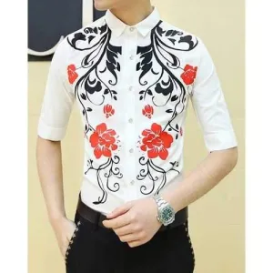 Vogue Shirt Collar Color Block Flowers Pattern Slimming Half Sleeve Polyester Shirt For Men - White M