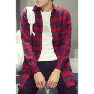 Vogue Shirt Collar Color Block Plaid Design Loose Fit Long Sleeve Cotton Blend Shirt For Men - Red L