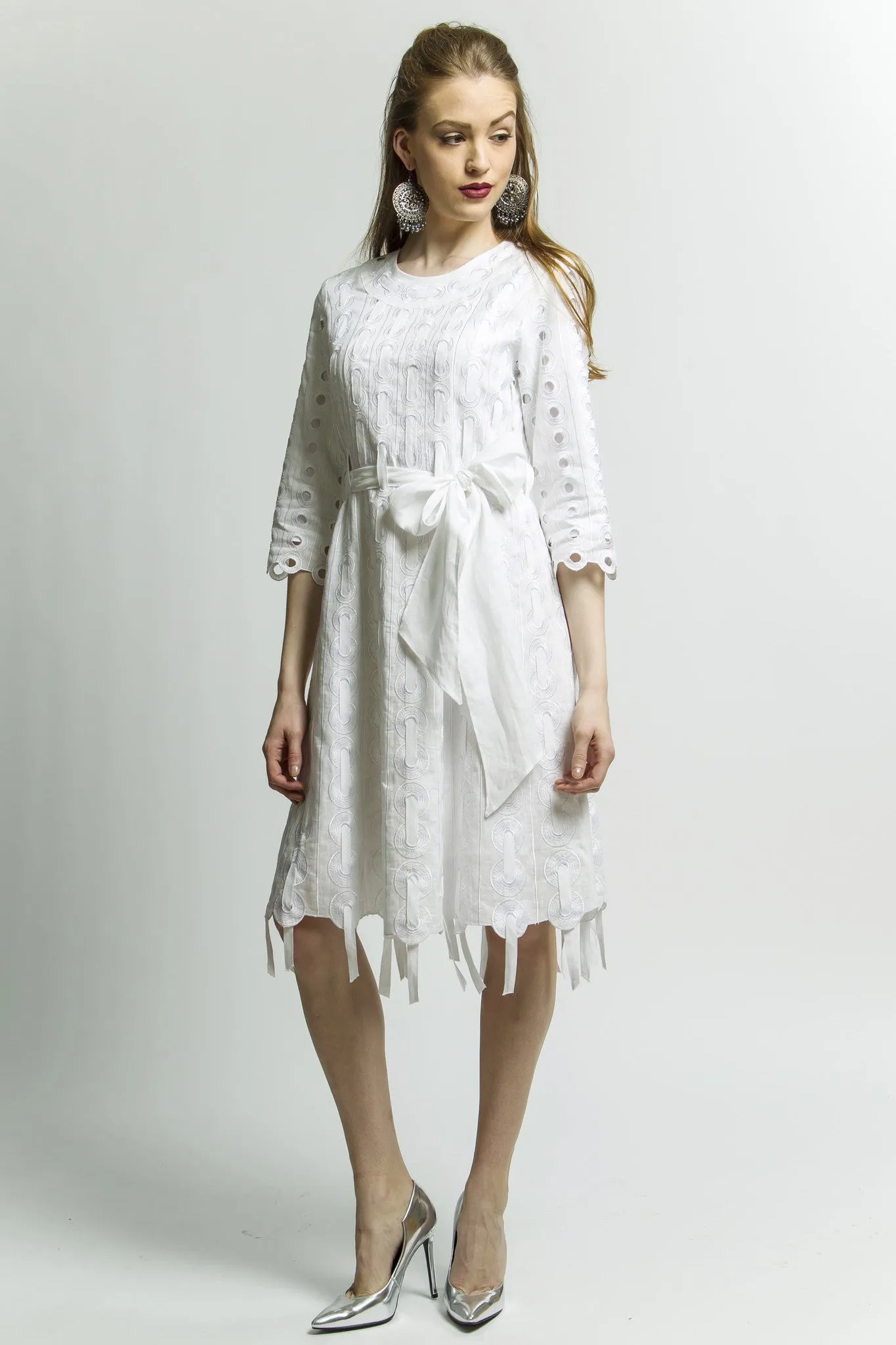 White Ribbon Circle Threaded Dress Style 1788