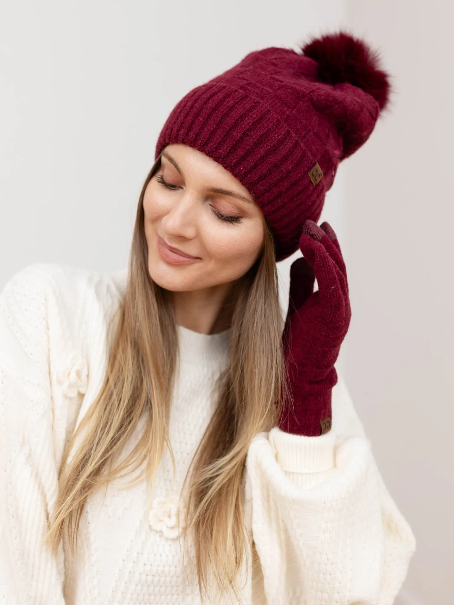 Woven Checkered Texture Pom Beanie
