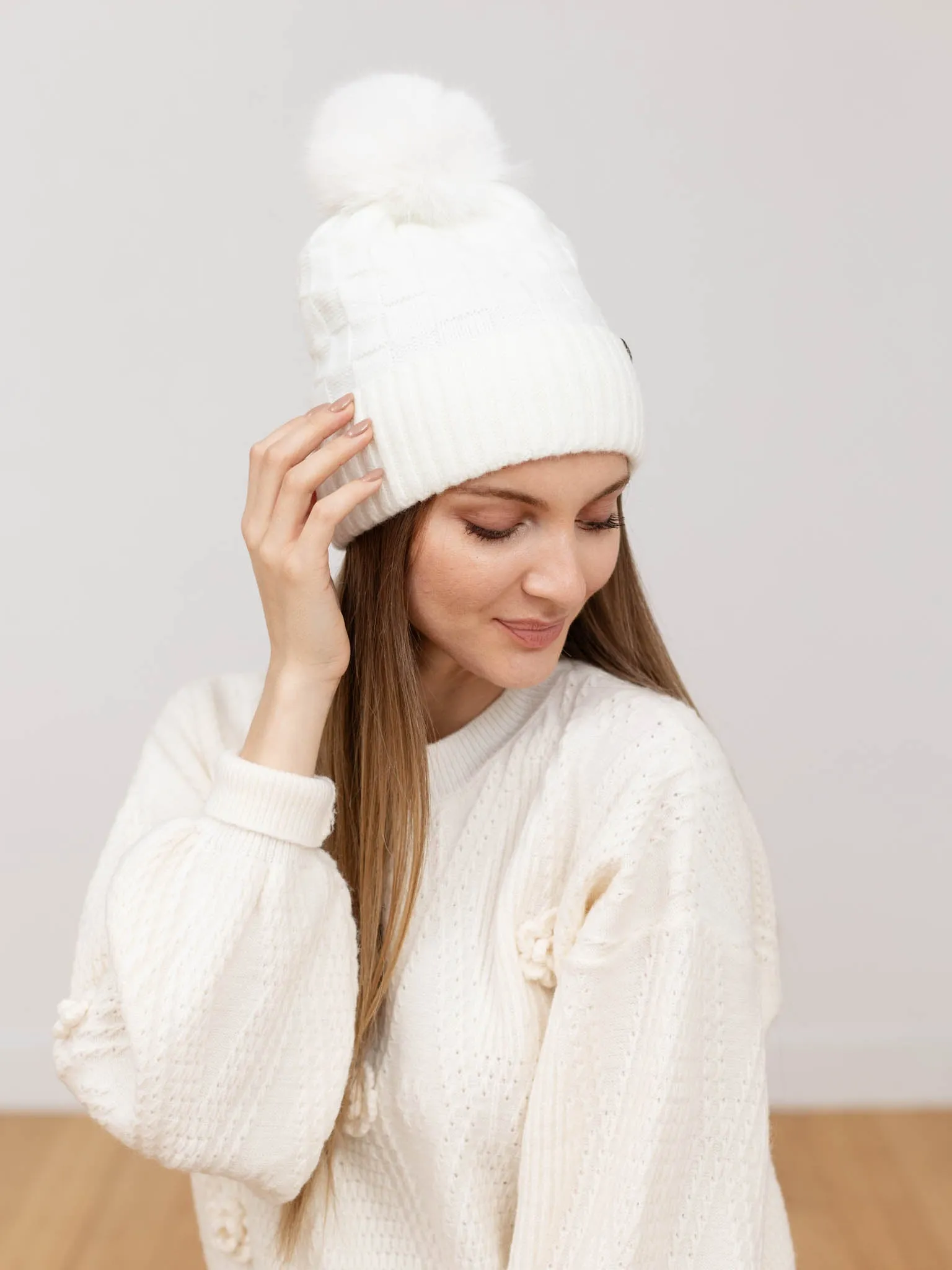 Woven Checkered Texture Pom Beanie