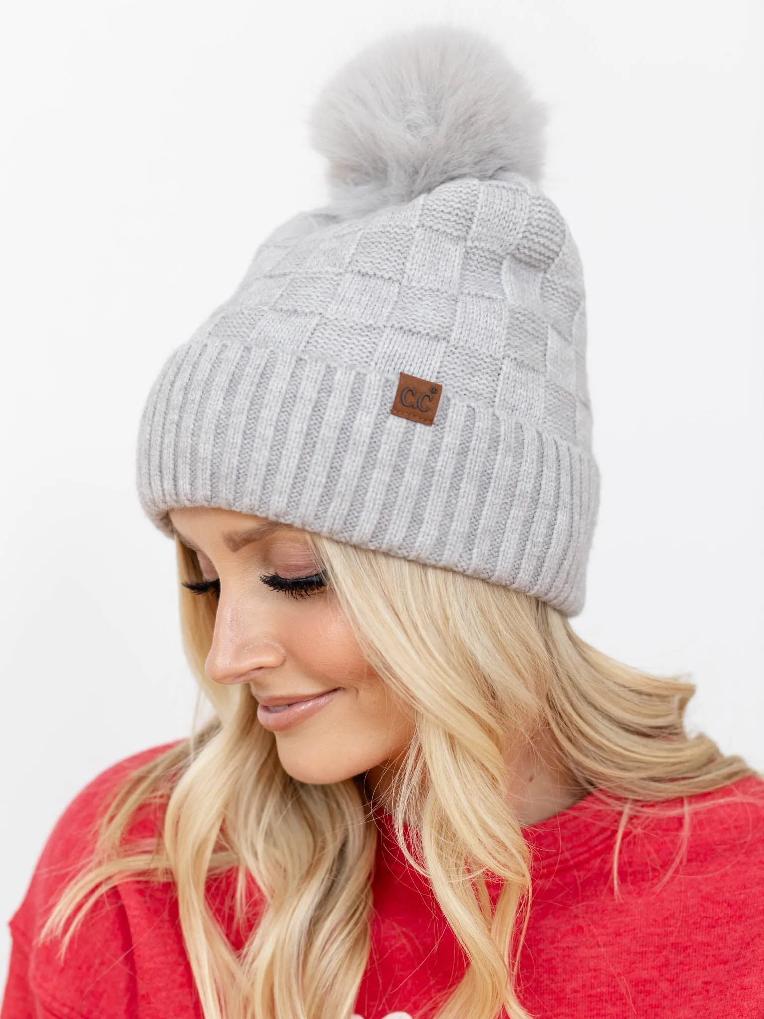 Woven Checkered Texture Pom Beanie