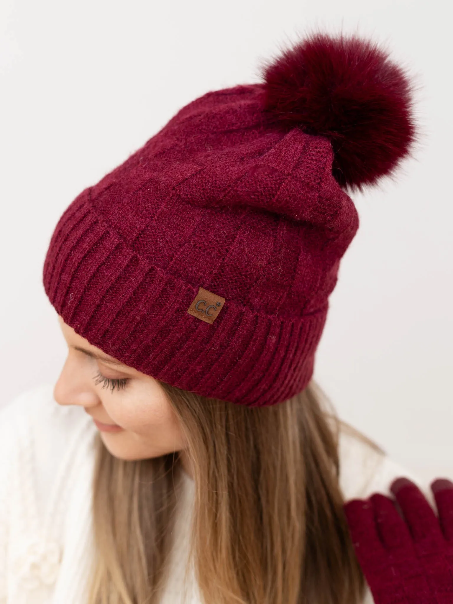 Woven Checkered Texture Pom Beanie
