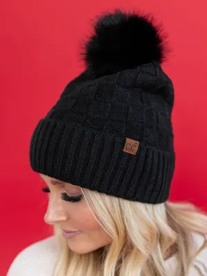 Woven Checkered Texture Pom Beanie